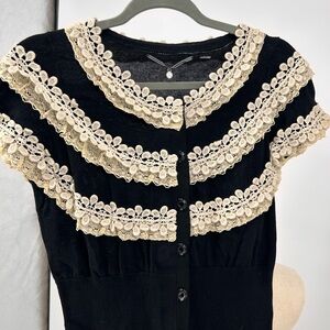 Anthropologie Black Cap Sleeve Button Down Sweater with Cream Lace Accents